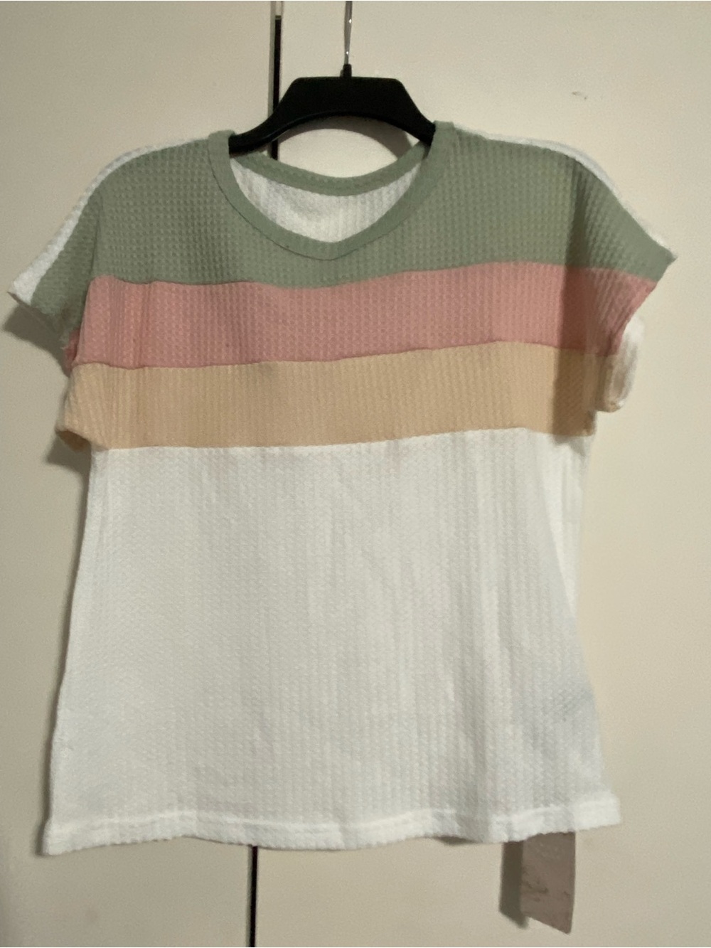 SHEIN White Waffle Knit Tee with Sage, Pink & Tan Colorblocks